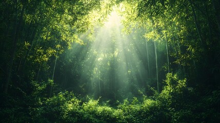 Obraz premium Tranquil and Serene Bamboo Forest with Tall Slender Stalks Reaching Toward the Sky and Ample Copy Space for Text Overlay