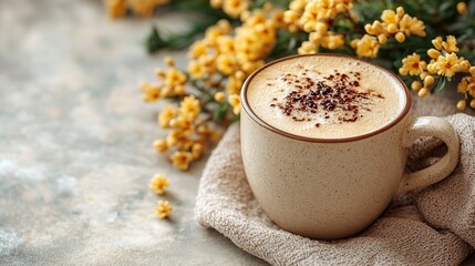 Spring vibes Frothy cappuccino, mimosa flowers, and a tender cloth on powder beige. Space for your message.