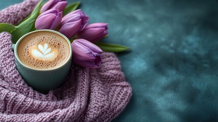 Springtime allure Foamy cappuccino, purple tulips, and a plush scarf on pastel green. Space for your message.