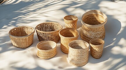 A clean display of handwoven baskets styled on a sandy beach with soft shadows. background