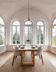 White dining room interior with arched windows
