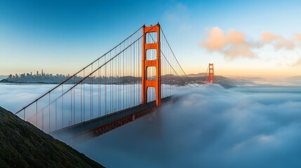 Fototapeta premium The Golden Gate Bridge, known worldwide, stands majestic in the morning mist of San Francisco Bay.