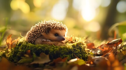 Obraz premium Cute Hedgehog Nestled in Moss Surrounded by Autumn Leaves