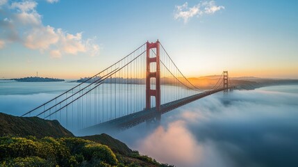 Fototapeta premium The Golden Gate Bridge, known worldwide, stands majestic in the morning mist of San Francisco Bay.
