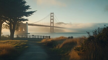 Fototapeta premium The iconic Golden Gate Bridge emerges from the morning mist in San Francisco.