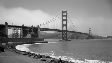 Naklejka premium The iconic Golden Gate Bridge emerges from the morning mist in San Francisco.