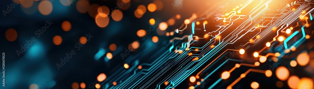 Poster glowing circuit board with blue lines and orange lights in motion