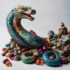 A sea serpent with colorful scales protecting a pile of glimmering ancient treasures on a white backdrop.