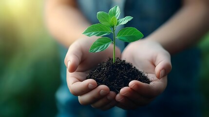 Close up photograph of human hands gently holding a small green plant with fresh leaves symbolizing the care and conservation of forests and the environment