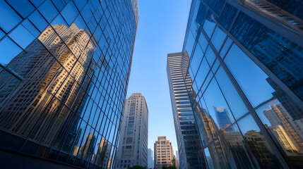 Modern Skyscraper Reflections of Downtown Cityscape at Blue Hour : Generative AI