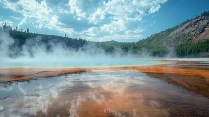 Yellowstone's Grand Prismatic Spring is a stunning natural wonder. It's a giant hot spring with vibrant colors caused by bacteria.