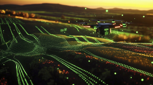 drone flying over farmland with green data visualization, showcasing advanced technology in agriculture