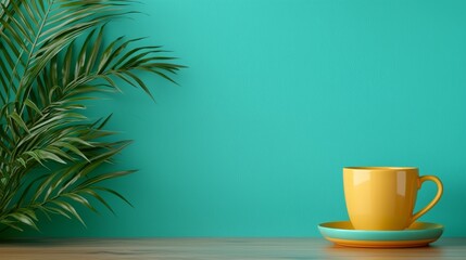 A yellow cup sitting on top of a wooden table next to a plant