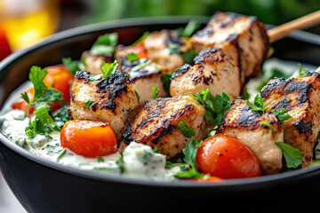 Greek-style chicken with tzaziki sauce. AI generative.