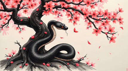 Obraz premium Chinese Zodiac Snake with Cherry Blossom Tree