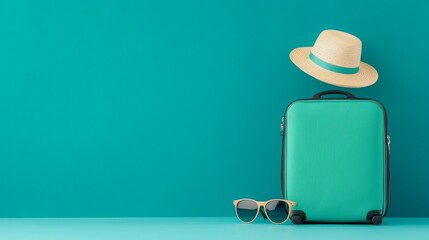 A green suitcase with a hat and sunglasses on it