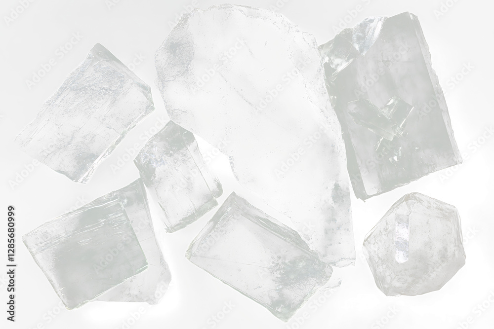 Poster collection of translucent, fractured, crystalline mineral specimens on transparent background .