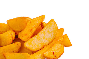 Crispy potato wedges prepared with spices on a white background
