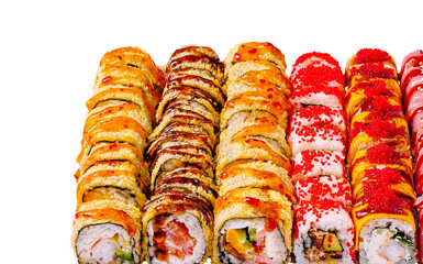 Sushi rolls arranged neatly on a white background