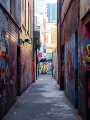 Fototapeta premium Graffiti-covered alleyway in urban setting showcasing vibrant street art creativity : Generative AI