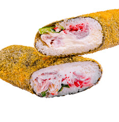 Crispy rolled sushi with vibrant filling inside on a white background