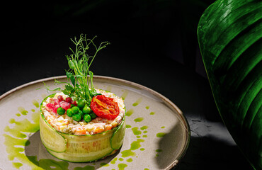 Fresh ingredients and greens showcased in culinary art