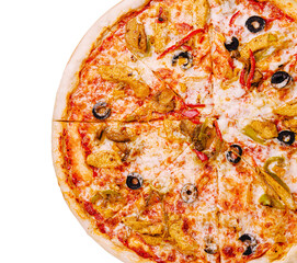 Delicious pizza topped with olives and peppers served on a plate