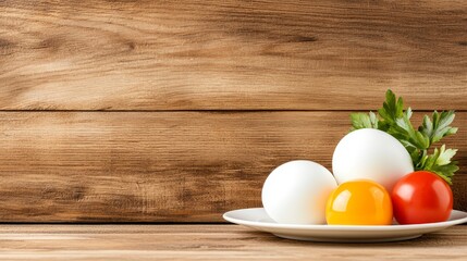 A plate of eggs, tomatoes and parsley on a wooden table