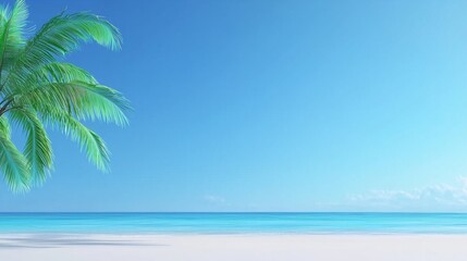 Obraz premium A palm tree on a beach with a blue sky in the background
