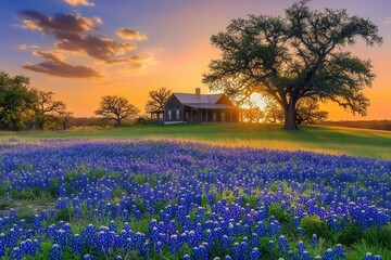 A beautiful sunset over the bluebonnet field with trees and a farmhouse in the background.