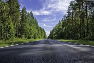Fototapeta premium A road with an asphalt surface in the middle of a forest, against a blue sky background. A summer landscape. 