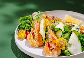 Fresh shrimp salad with vegetables and corn in vibrant setting