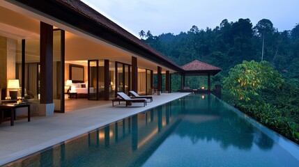 Fototapeta premium A large swimming pool in the middle of a lush green forest
