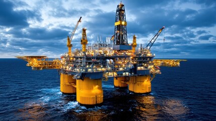 Fototapeta premium Offshore Oil Platform in the Open Ocean with Dramatic Cloudy Sky