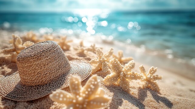 Summer beach essentials are arranged on a sandy backdrop, perfect for a family outing with small kids.