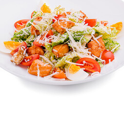 Healthy salad with chicken, tomatoes, and boiled eggs served fresh