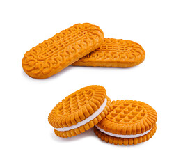 Sweet treats on a white background featuring layered cookies