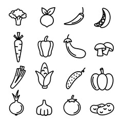 Vegetable icon set in flat design on white background. Vegetables linear icon set