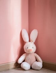 Obraz premium ピンク色と白の穏やかなグラデーション背景に、春らしさを感じさせる白いウサギぬいぐるみがひとつ佇むシーン 