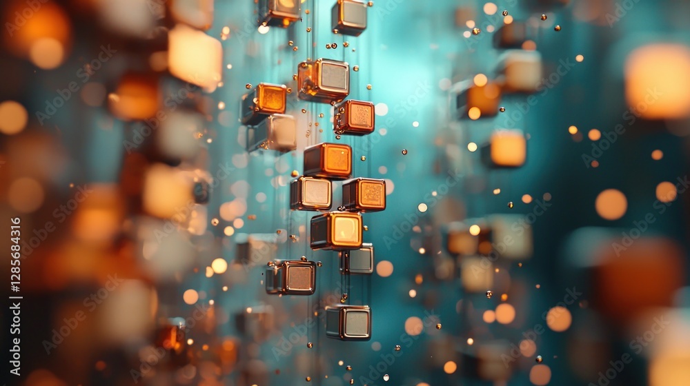 Poster abstract 3d rendering of golden and copper cubes falling teal background digital art