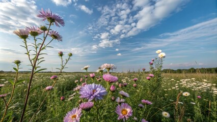 Obraz premium Delicate late summer blooms of asters and chrysanthemum flowers in a lush meadow with a clear blue sky, meadow scene, late summer bloom, wildflowers