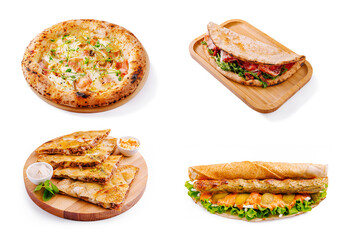 Delicious variety of food items served on wooden plates