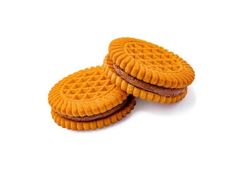 Delicious cookies with chocolate filling on a white background