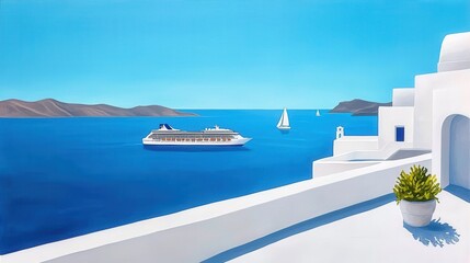 Idyllic Coastal Scenery of Santorini Island in Greece with Picturesque Architecture and Sailboats in the Aegean Sea