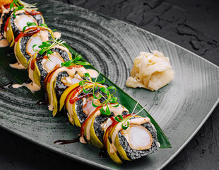 Delicious sushi rolls elegantly arranged on a decorative plate