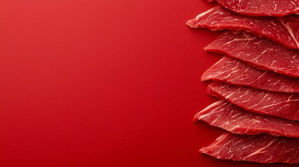 A pile of sliced beef on a red background