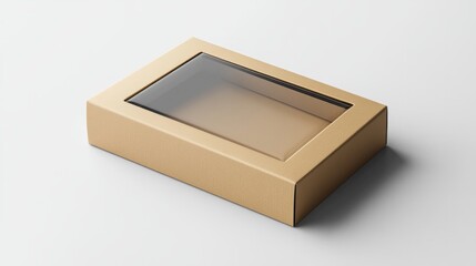 Hanger box packaging with a transparent rectangular window, soft gold color, on a stark white background
