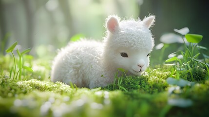 Cute fluffy baby llama on green grass in a serene forest setting