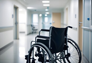 An empty wheelchair in a hospital corridor, with a blurred background of the hallway
