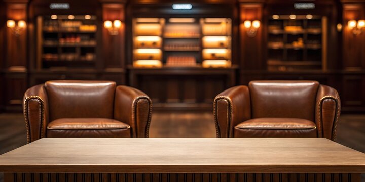 A rustic wooden tabletop with two luxurious leather chairs and a blurred cigar lounge interior in warm lighting.
